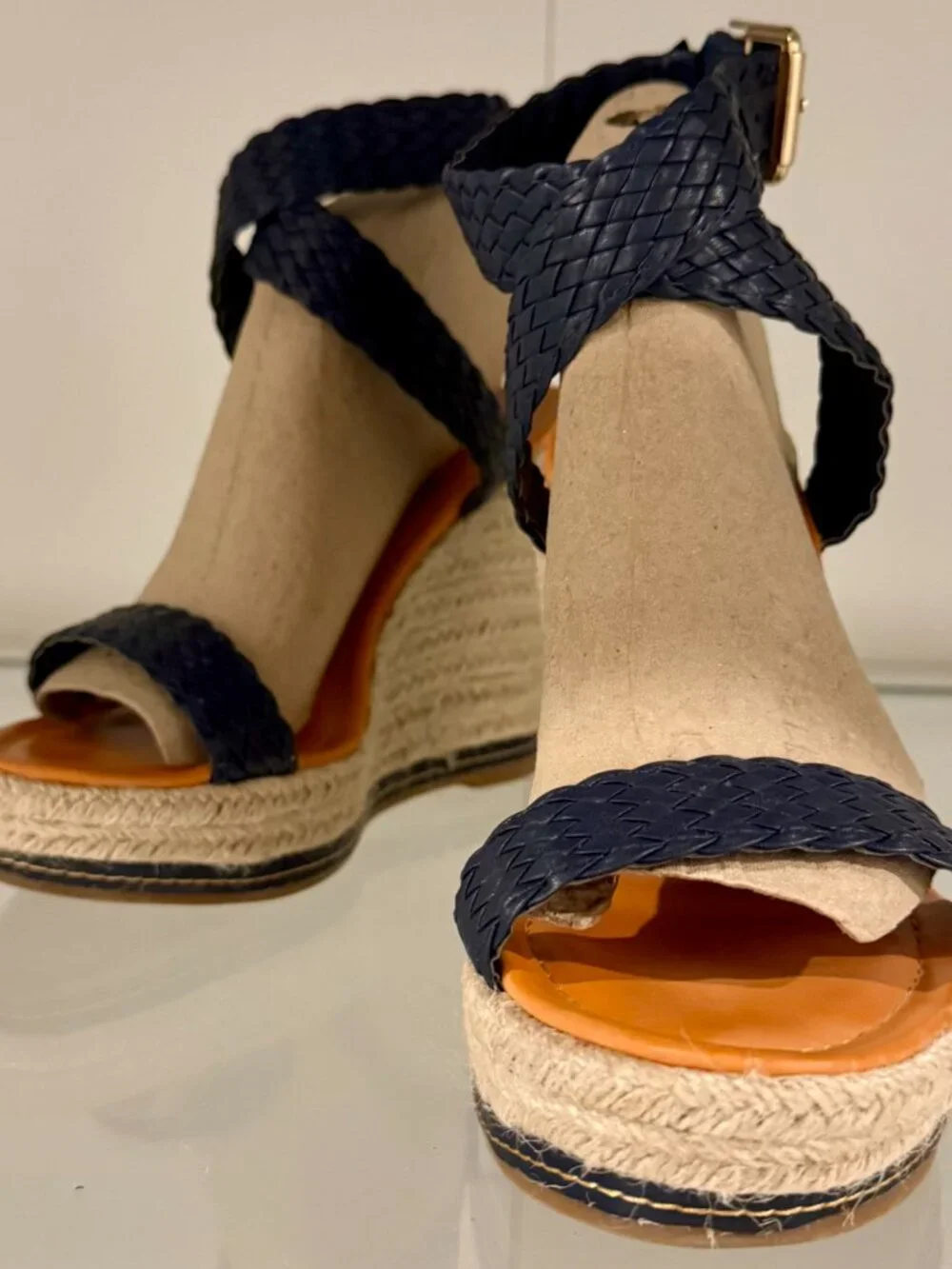 Steve Madden Navy Braided Leather Espadrille Wedge Sandals